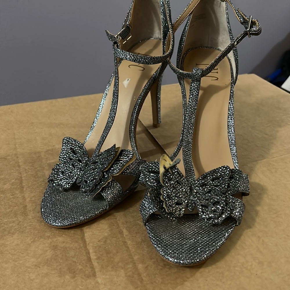 INC Silver Metallic Glitter Butterfly T-Strap Heeled Sandals